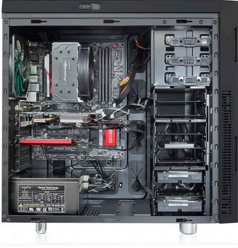 Internal view shown with Trinity CPU cooler, optional graphics / sound /
Wi-Fi cards and additional hard drives in a Nanoxia Deep Silence 1 case.